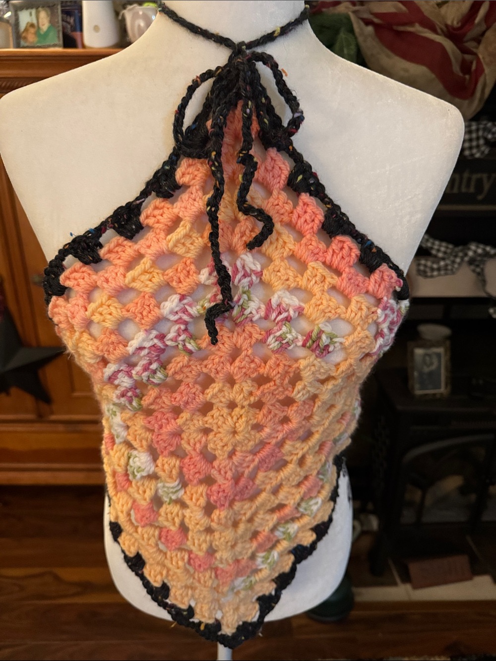 Handmade Crochet Halter Tank Top in Peach with Black Trim